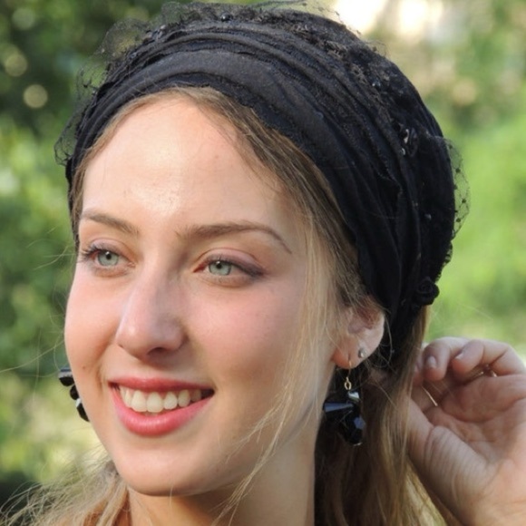 Lovely Royal Black Laces Handmade Mitpachat Head Covering-Scarf-Tichel Headband - Picture 4 of 6